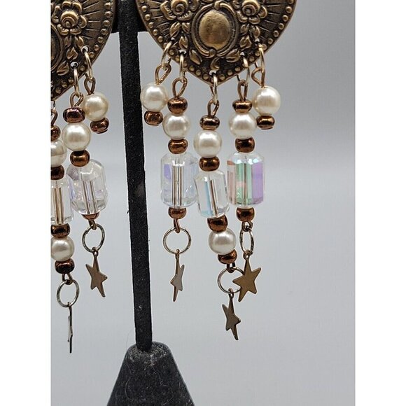 Floral Heart Dangling Faux Pearl Clip-on Earrings Irridescent Bead Stars Vintage - Picture 6 of 11